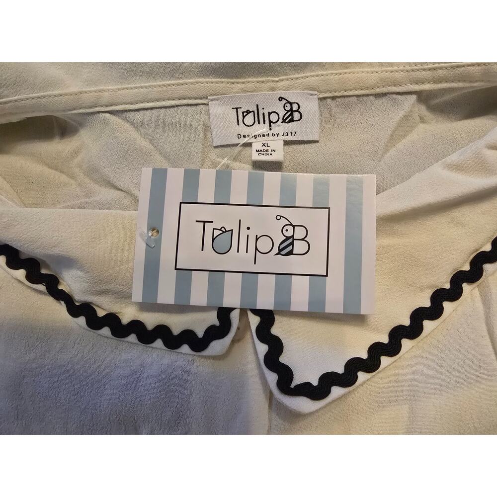 Tulip B Ivory Black Peter Pan Collar Bow Blouse Size XL NWT Retro - Picture 4 of 6